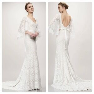 THEIA Sandy Wedding Gown Ivory Lace Column Train Butterfly Sleeve Boho NEW